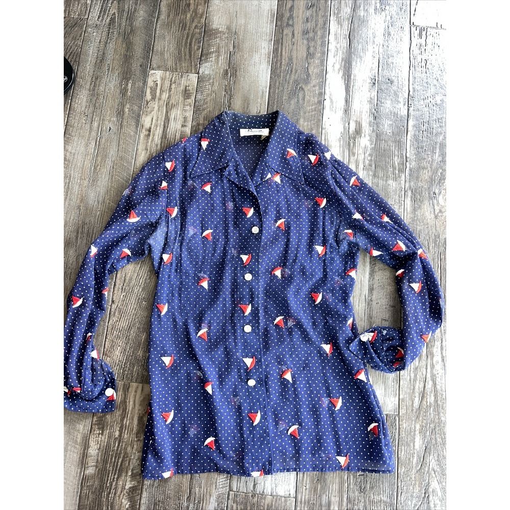 Vintage Susan Thomas Embroidered Sailboat Red White And Blue 70s Blouse